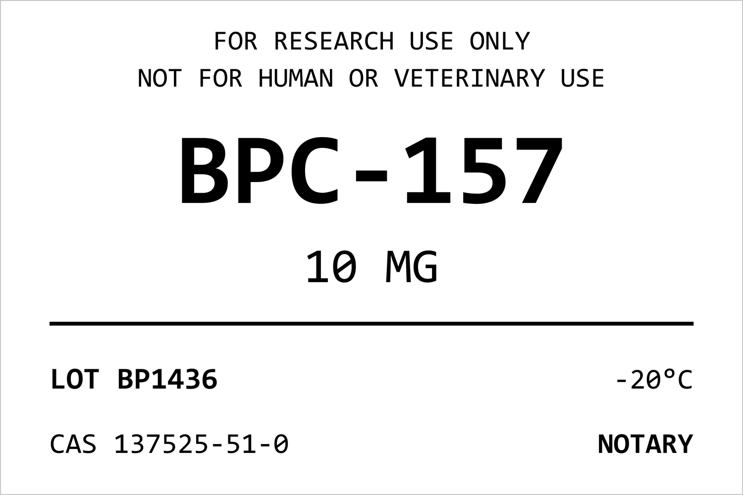 NOTARY BPC-157 sample vial label with lot number and CAS