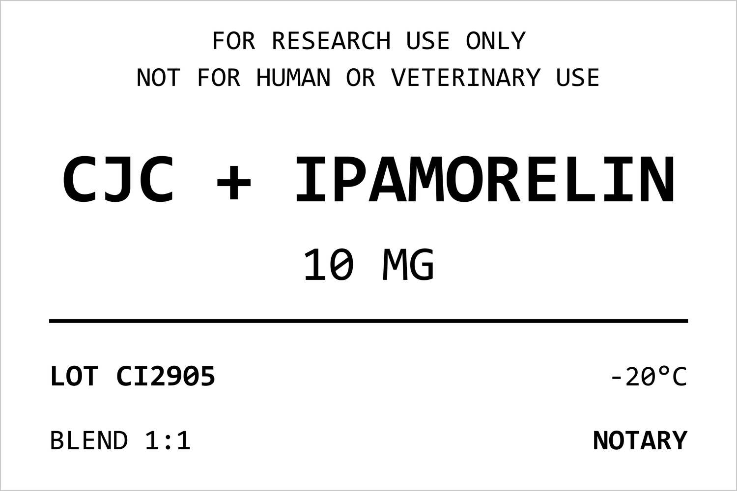 Musteretikett eines NOTARY-Vials (CJC-1295 + IPAMORELIN) mit Chargennummer