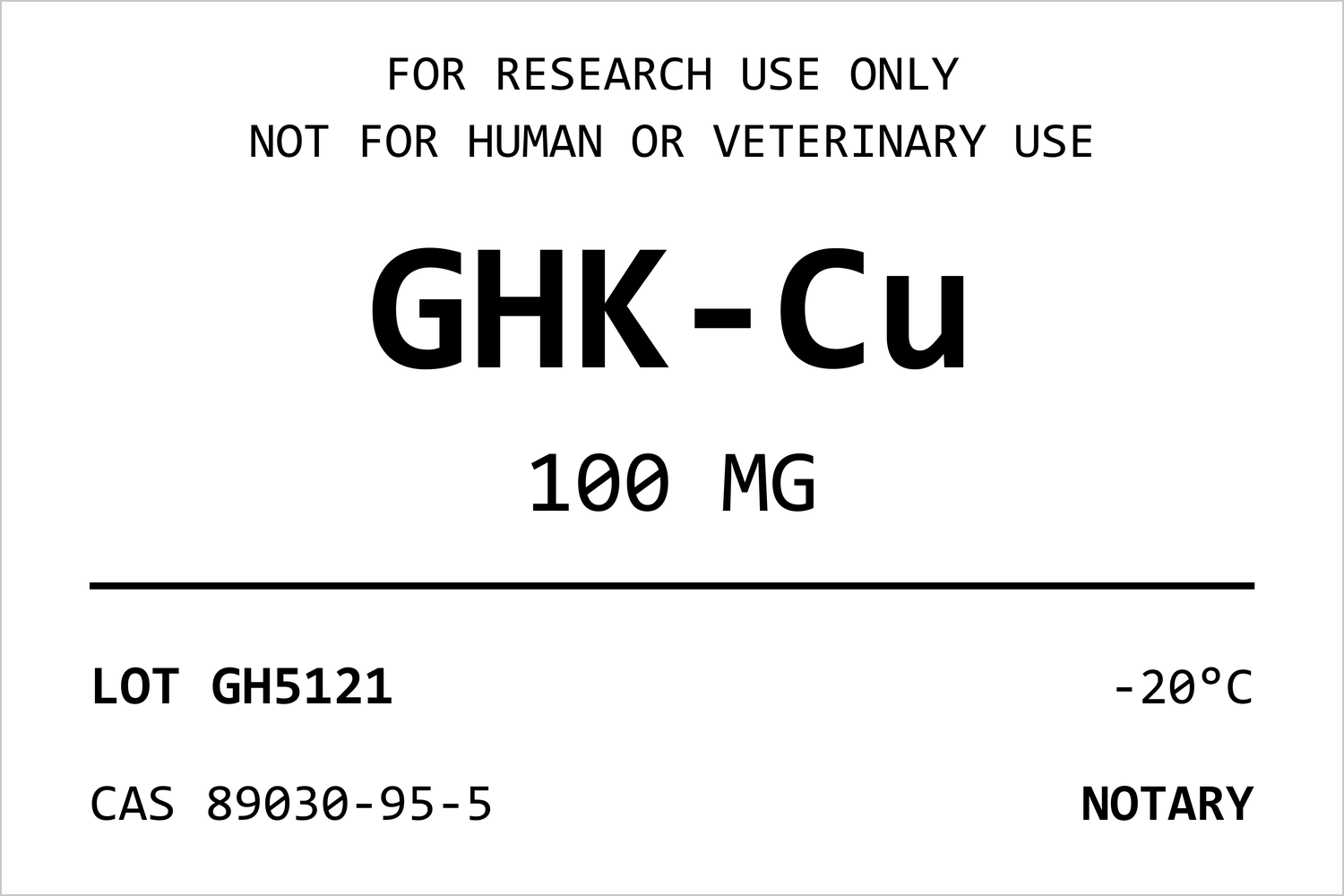 NOTARY GHK-CU sample vial label with lot number and CAS
