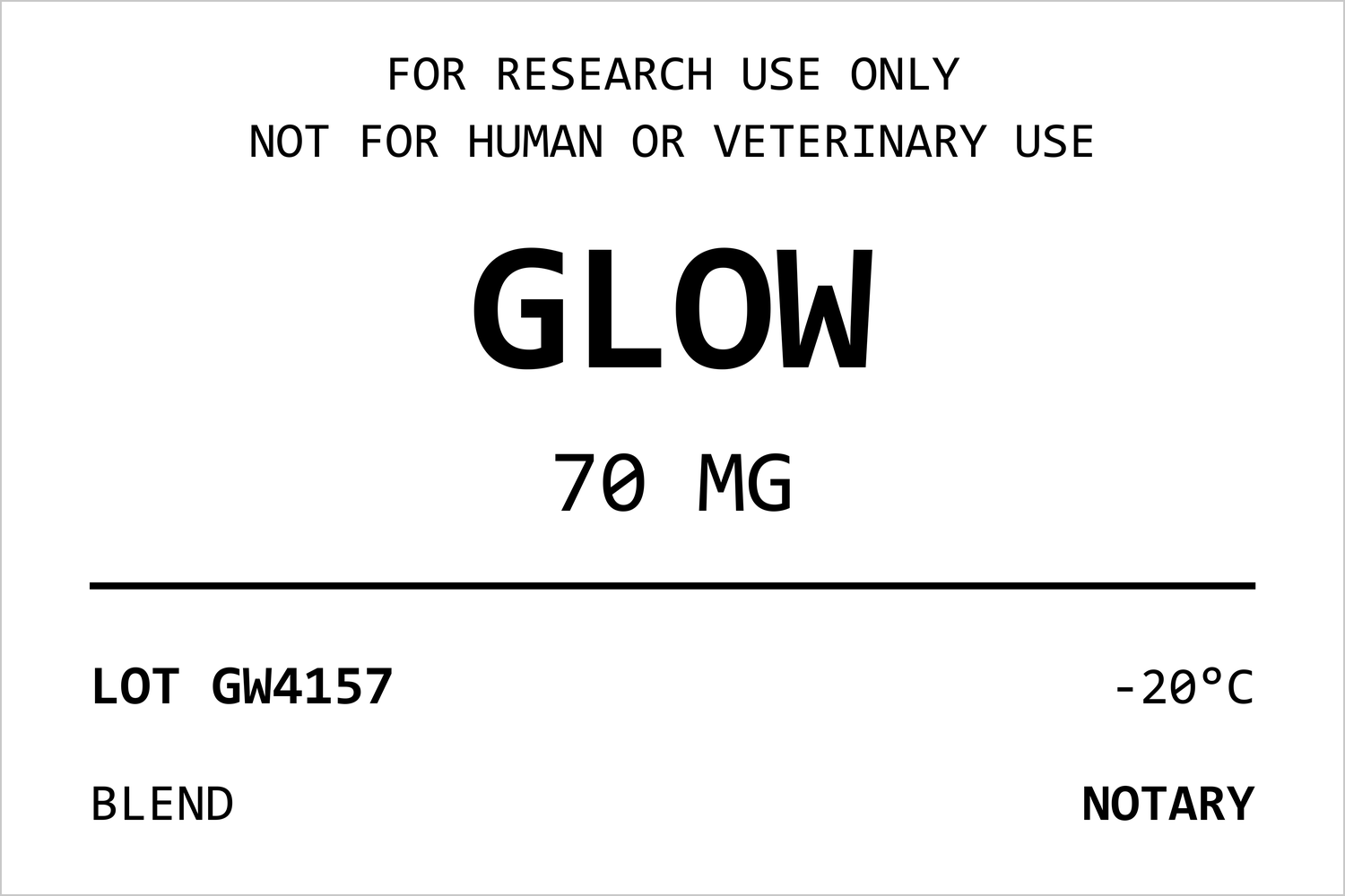 Musteretikett eines NOTARY-Vials (GLOW) mit Chargennummer