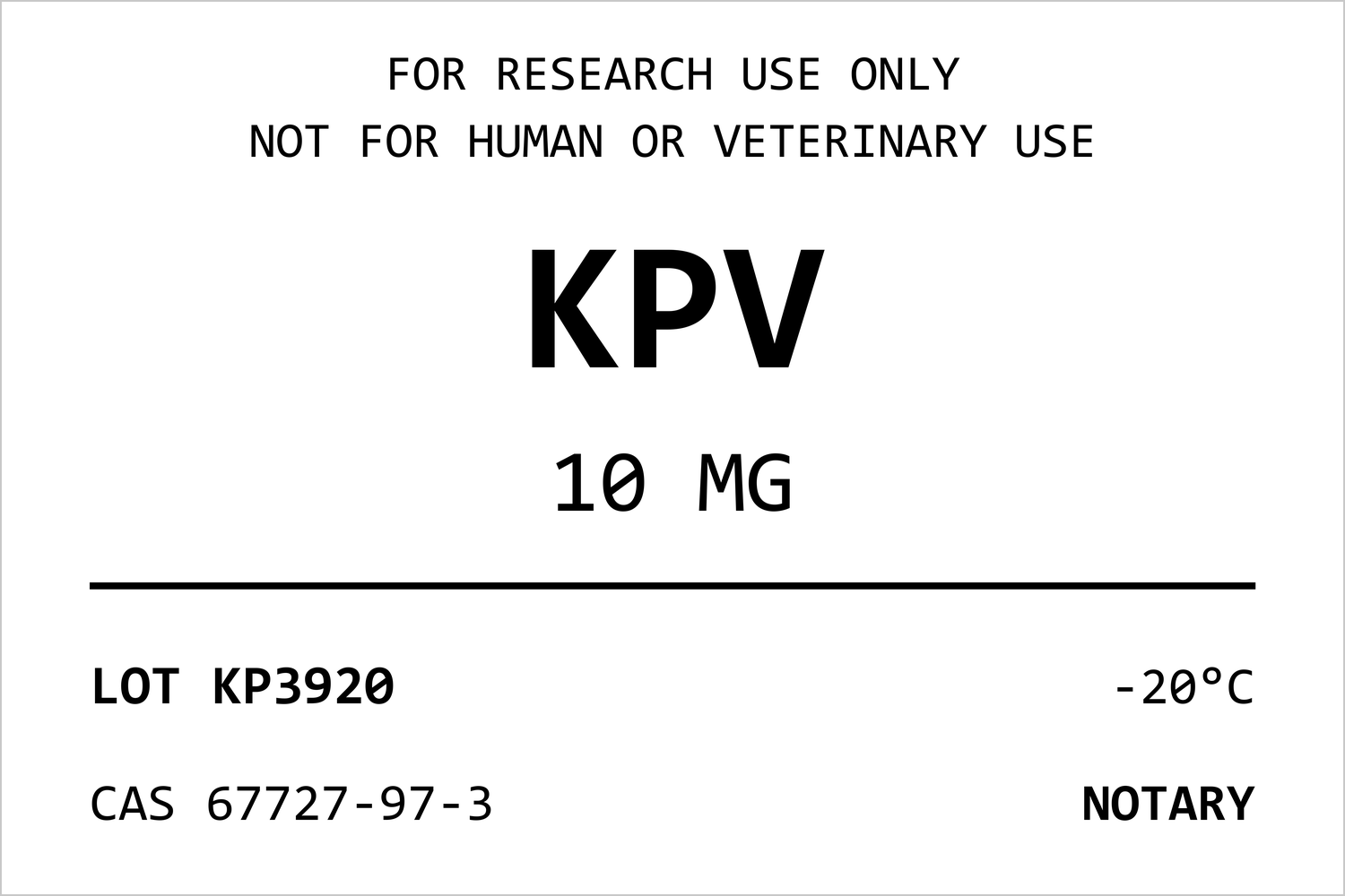 Musteretikett eines NOTARY-Vials (KPV) mit Chargennummer und CAS
