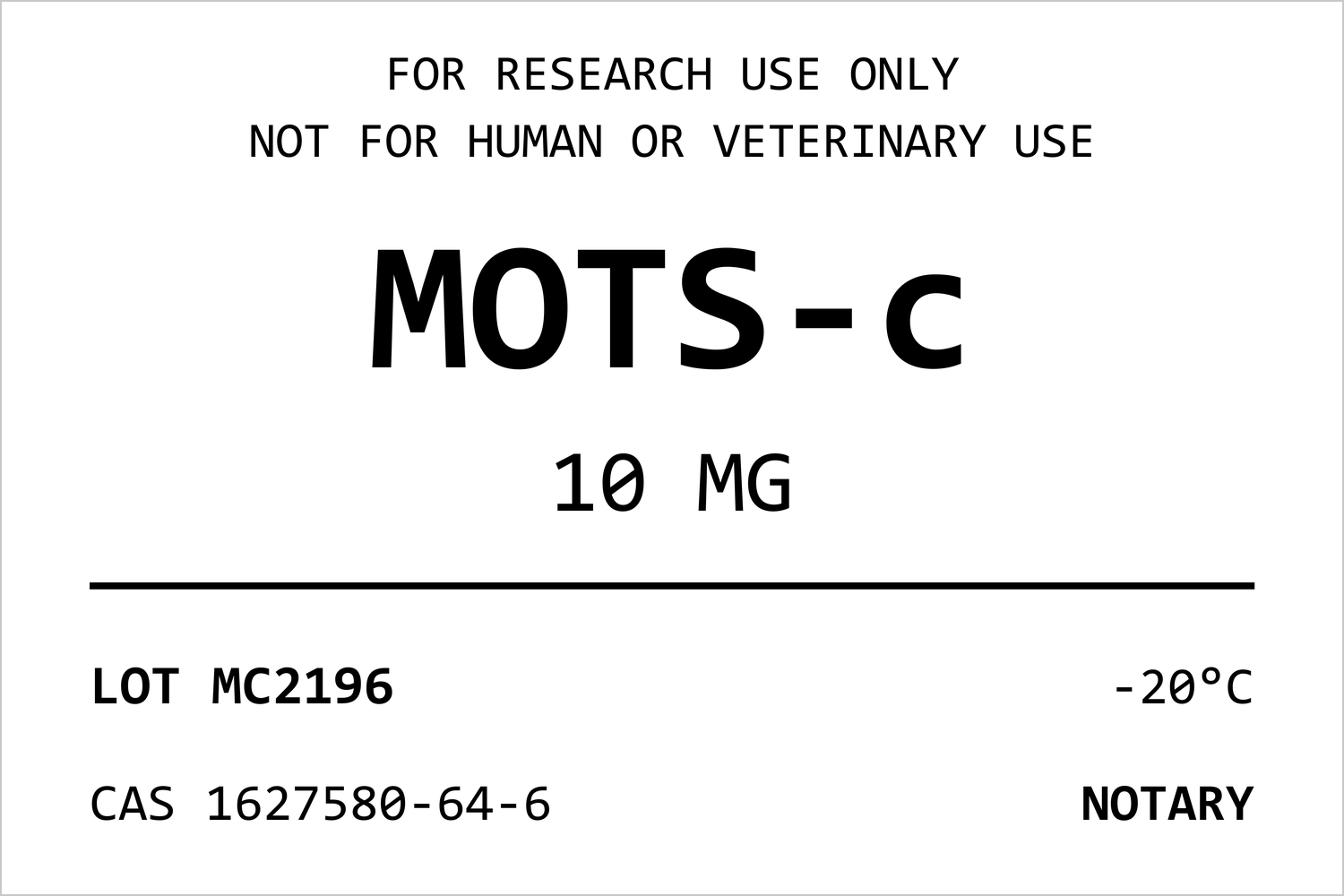 NOTARY MOTS-c sample vial label with lot number and CAS