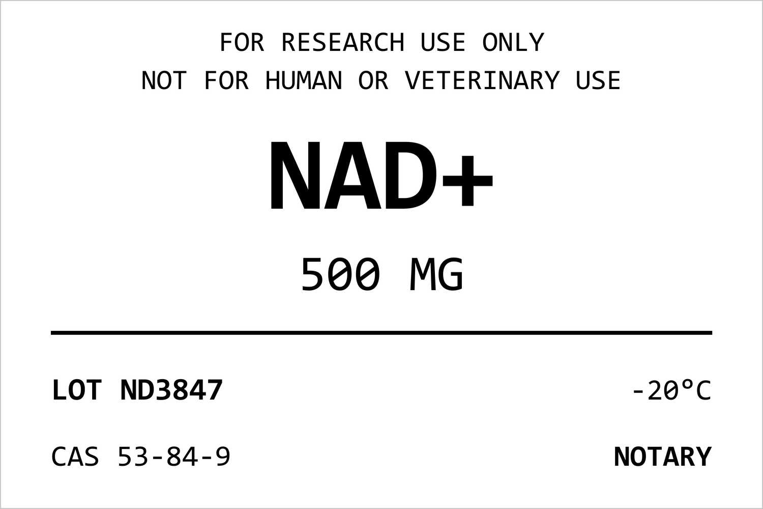 Etiqueta de muestra de vial NOTARY NAD+ con número de lote y CAS