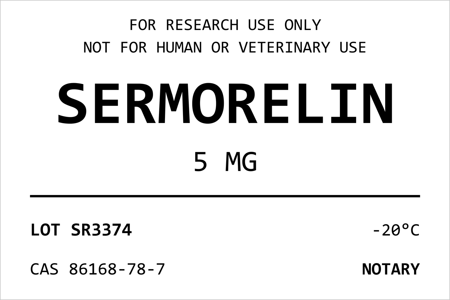 Etiqueta de muestra de vial NOTARY SERMORELIN con número de lote y CAS