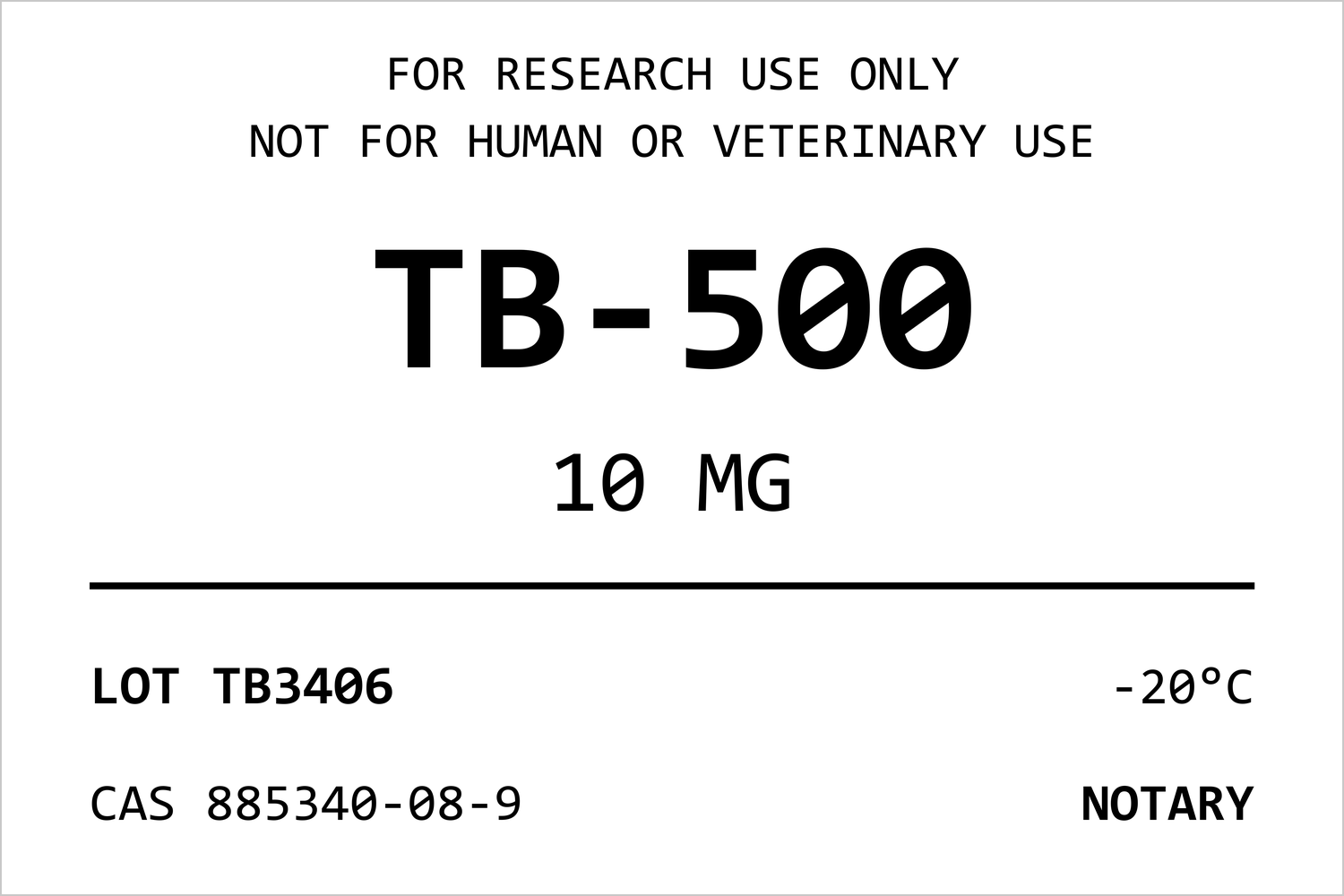 NOTARY TB-500 sample vial label with lot number and CAS