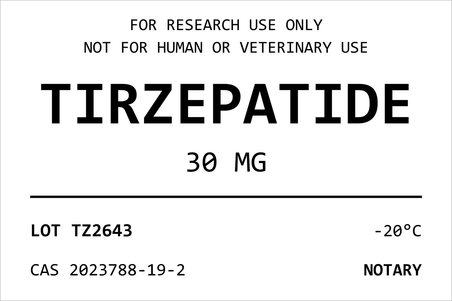 NOTARY TIRZEPATIDE sample vial label with lot number and CAS